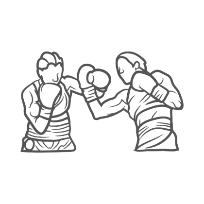 Zeichnung: Zwei Menschen stehen sich gegenüber und Boxen. Es kommt ein Aufwärtshaken Richtung Kinn, welcher geblockt wird.